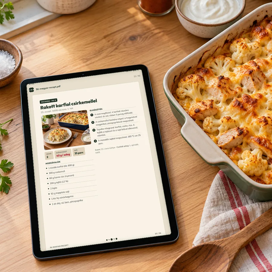 Tablet a konyhapulton a frissen sült rakott karfiol mellett, a képernyőn a recept: adag, szénhidrát, idő