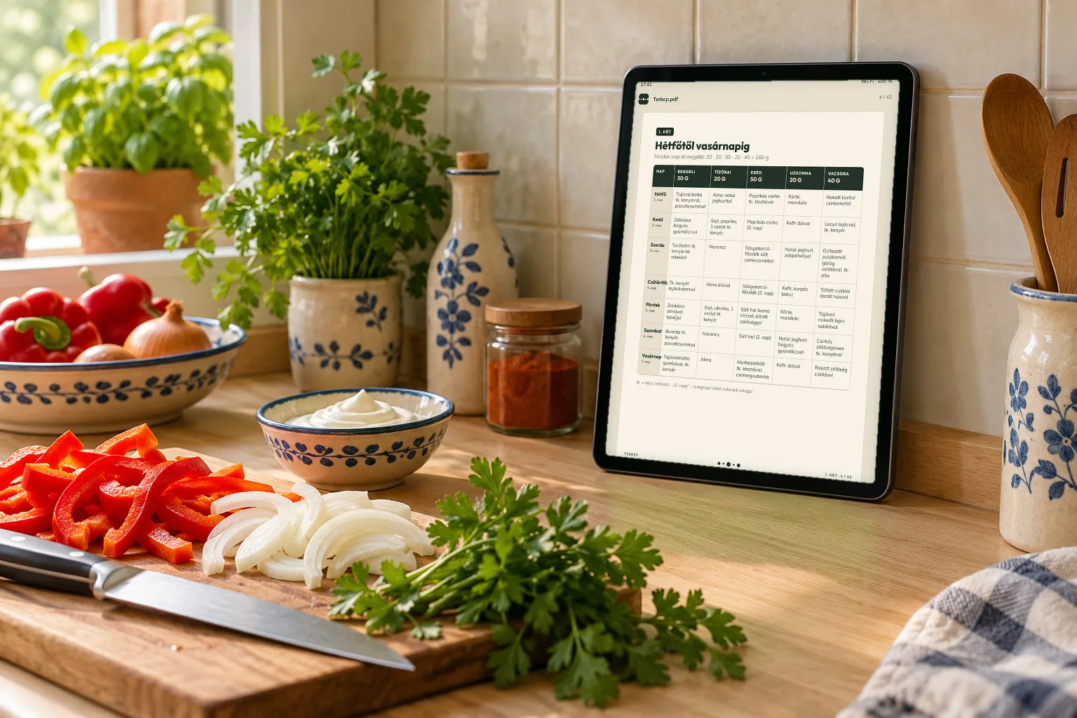 Tablet a konyhapulton a vágódeszka mellett, a képernyőn az 1. hét: hét nap, öt étkezés, minden sorban a gramm