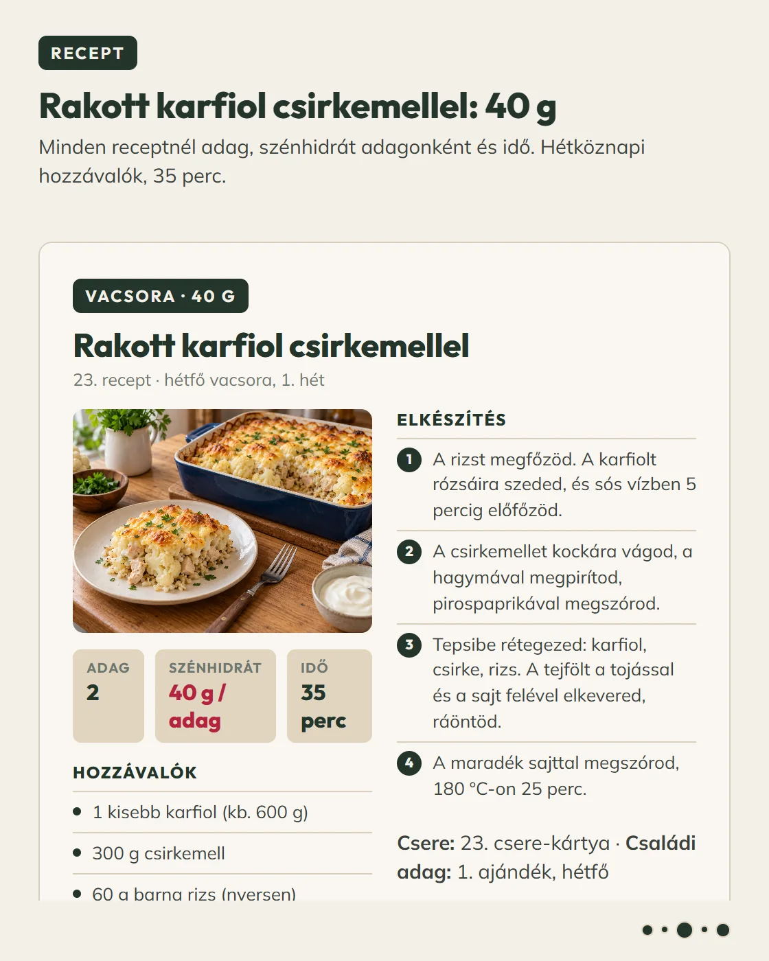 3. Recept: rakott karfiol csirkemellel – adag, szénhidrát, idő